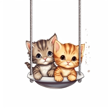 Cute Beautiful Happy Face Couple Baby Kitten sit on a swing Sublimation Clipart ,Cartoon,hyper realistic, intricate detail, illustration style,high solution,on the white background
