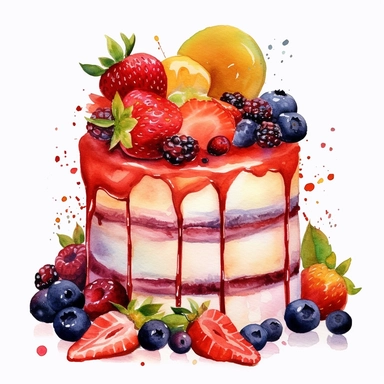 watercolour fruit cake clipart, hd, on white background, spaced out ar 3:2