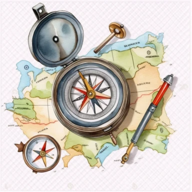watercolor, Map and compass - Clip art of a map and compass or GPS device. png Full body realistic cartoon in 32K UHD cute. 15 cm thick outline. Black color. There was no shadow on the ground. 8k with realistic watercolors and detailed illustrations. PNG clipart, transparent white background
