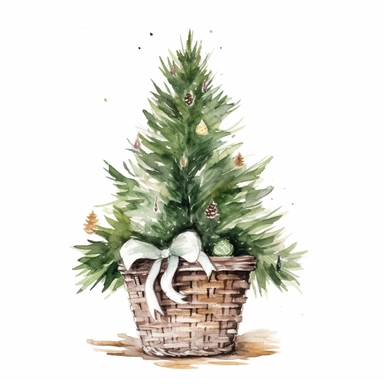 basic watercolor large decorated christmas tree standing in basket in minimal hand drawn style, Etsy, textured, clipart, white background