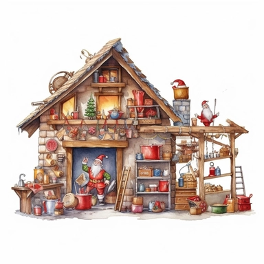 watercolor style, Santa's workshop: A depiction of Santa's magical workshop, bustling with elves, toys, and gift preparations. Clipart, isolated on white background, 4K