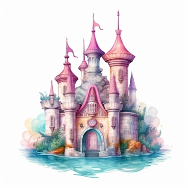 Pastel Cute Beautiful Fairy Castle Cora of Mermaid Sublimation Clipart,Cartoon, hyper realistic, intricate detail, illustration style,high solution,on the white background