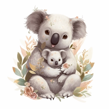 cute floral illustration, realistic adorable one baby cute coala hugging his cute mom, happy clipart, nursery style clipart, nursery animal art, kids wall art, baby room decor, isolated on white, ultra - detailed, high quality, ghibli style, award winning