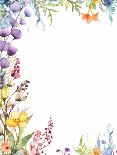 colorful spring colours, b,use, purples, pinks, yellows, rectangle frame with leaves and branches, graphic illustrations, delicate flora depictions, white background, clipart, enchanting bloomcore, high resolution, watercolour simplicity, nature-inspired imagery, decorative border