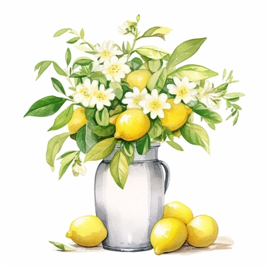 Commercial shot of realistic watercolor painting of a really cute cottagecore lemon themed flower vase clipart, aesthetic, good looking food, delicious, yummy, foodie, healthy, white background no text, isolated on white, watercolor illustration, award winning, strong and sharp lines