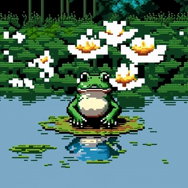 pixel frog clipart, A small, green frog sitting on a lily pad in the middle of a pond. The frog is about the size of a human hand, and it has big, bulging eyes and a wide mouth. The frog is sitting with its legs folded underneath it, and it is looking up at the sky. The pond is surrounded by trees and flowers, and the sun is shining brightly.