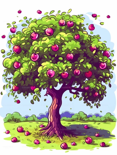lush apple tree growing in the orchard, tree is growing purple apples, cartoon style clipart