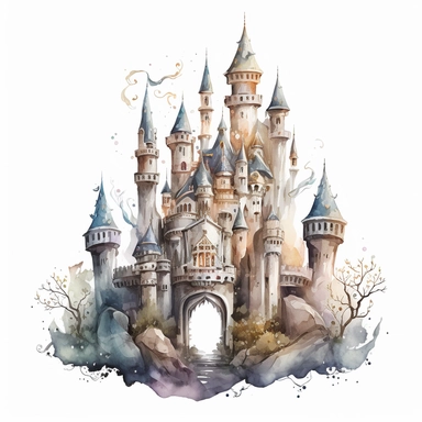 watercolor perfect detailed complicated fairy castle clipart with white background realistic colors, white background