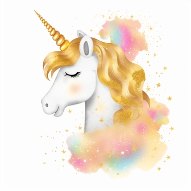 one gold glitter unicorn clipart with a rainbow an fluffy gold clouds,, white background