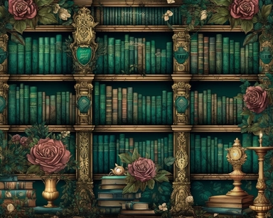 Royal Steampunk ClipArt, background paper, wall paper style, library, rows of books and wooden bookcases, roses, Watercolor Steampunk PNG, Victorian Clipart, Fantasy Clipart, deep emerald