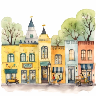 Very cute and Whimsical street of Buenos Aires, the city of color at argentina's capital, in the style of vernacular architecture, mexican folk art influence, danube school, light yellow and dark green, street scene, Watercolored illustration, clipart, white background