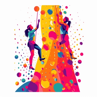 White background: discreet and minimalist, cute female rock climbers on the climbing wall , vector, sticker, isolated on white background, vibrant colors, lisa frank Clipart style. Simple, flat, 2D design with bold lines and a clear, uncluttered aesthetic. Rendered in vibrant, appealing colors