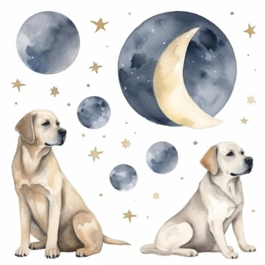 celestial watercolour Labrador clipart, on white background, stars, nebula, moon, galaxy, soft colours