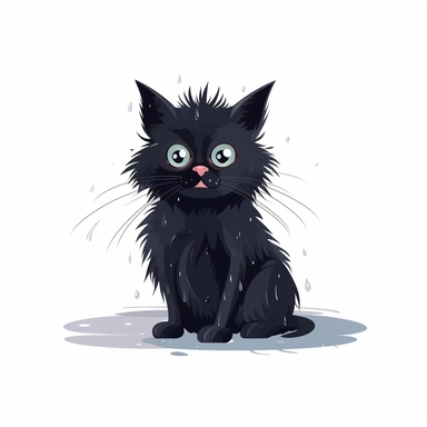 shaggy cartoon style wet black cat with a wide eyed, desperate look, begging to be let insisedsilhouette vector flat simple identification symbol white backround white background minimalistic clipart png svg