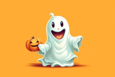 Cute ghost. Happy halloween ghosts characters, spooky expression creature. Funny scary magic demon with pumpkin, mystery creative nowaday vector clipart, realistic, full frame, very detailed