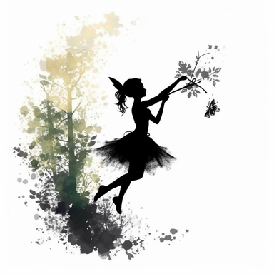 black silhouettes of cute fairy flying with magic wand in the forest, clipart with white background, watercolor style, clearly defined separate image, high quality--ar3:4-no mockups, watermarks, numbers, writing, letters--q2--v5.1--s1000