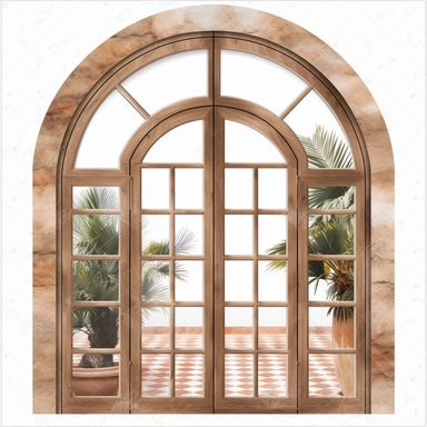 wood door window for your home, in the style of bengal school of art, brown, light brown, transparent/translucent medium, windows vista, arched doorways, open window, white background, clipart