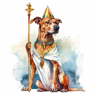 A clipart of a dog dressed as a pharaoh, wearing a crown and carrying a scepter, watercolor style, realistic, bright colors, 300 dpi, 8k, white and clear background