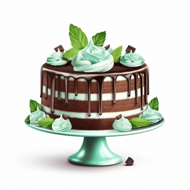 Create a clipart image of a chocolate mint birthday cake white background. Showcase a chocolate cake layered with mint-flavored buttercream frosting and garnished with chocolate mint leaves.