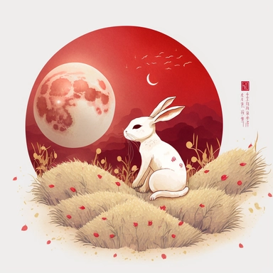 clipart, hand painted, watercolor, vectors, white background, sharp focus, highly detailed, Rabbit, Chinese New Year, Bright Red, Celebration, Colorful Confetti behind, Cute, Cheerful, Disney style, Moon behind, yellow field of barley behind, many hong bao on the floor