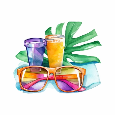 watercolor colorful clipart of a sunglasses and sunscreen, hd, on white background