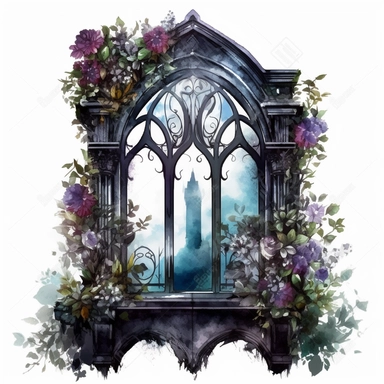 a gothic victorian window, overgrown with very big flowers beautifully designed, clear view on a victorian city, in the style of dark intense colors, watercolor, clipart, white background