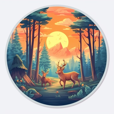 Sticker logo, featuring trees, lush foliage, and woodland creatures like deer or squirrels, capturing the essence of camping in nature, on transparent background free clipart, in the style of digital painting and drawing, 2d game art, scoutcore, anime-influenced, cabincore, high resolution, light sky-blue and dark maroon