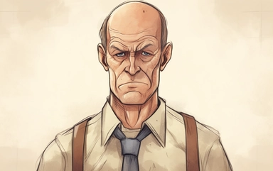 watercolor Male public school guidance counselor looking gruff with angry animated face wearing shirt with Tie open collar background Auburn hair slightly balding with disheveled Office clipart,in the style of Eleanor Campbell and Keith Ward high resolution