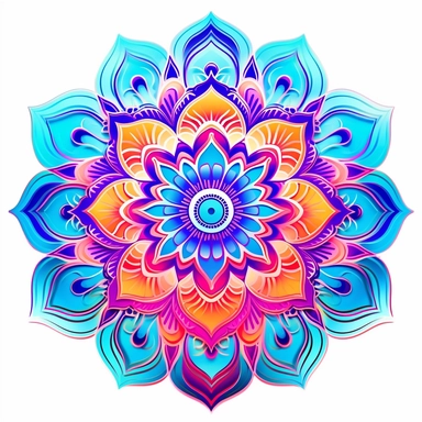 Clipart. White background. Vibrant neon mandalas illuminate the foreground with their intricate and mesmerizing patterns. The bold use of neon colors adds an electrifying energy and modern aesthetic to the traditional art form, symbolizing the dynamic nature of cultural evolution and artistic expression. Delicate lotus flowers, sacred geometric shapes, or subtle references to spiritual concepts enhance the depth and meaning of the artwork, inviting viewers into a meditative and transformative ex