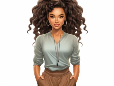 Cartoon Kelly Rowland Norman Rockwell style Clipart Full body shot from head to toe centered Brown skin African American black girl magic Kelly Rowland version with messy bun, the boss lady clipart , vector art image, in the style of feminine interiors, video collages, aquarellist, whitcomb-girls, bright summer colors, kitty lange,