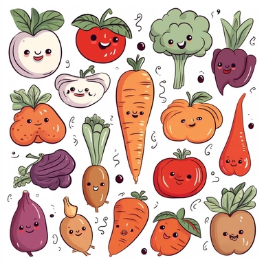 vegetables clipart set, whimsical and cute hand drawn illustration, playful expression, rounded shapes, isolated image white background