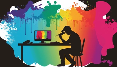A silhouette of a designer working on a graphic tablet, surrounded by a collage of sleek, vector-based illustrations in a rainbow of colors. The background is a watercolor explosion of vivid hues, representing the current state of clipart as a versatile and diverse medium, hand-drawn, watercolor, wet paint, mixed media 4k, pantone, Dot, Large, Accent Lighting, high detail, Carbonated