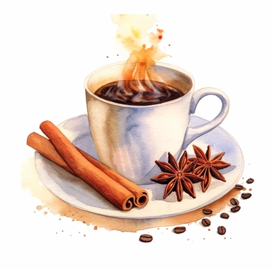 realistic high detailed watercolor steaming coffee cup with a cinnamon stick and star anise clipart, white background,
