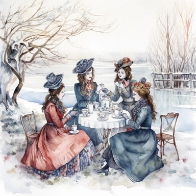 complex watercolor illustration of four victorian women/ladies having a Garden Tea party in a euphoric winter landscape, cottagecore, in KARL MARTENS style isolated,concept,art,8k,hd,watercolor,detailed,on white backround,clipart,--aspect 2:3
