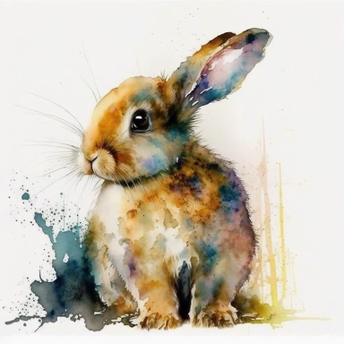Develop a vibrant watercolor portrait of a rabbit, full of innocence and curiosity. White background. The image should highlight the rabbit's sweet and gentle nature, making it a delightful piece of clipart. The medium should be watercolor, reminiscent of the expressive works of Dean Crouser. The style should be lively and dynamic, allowing the colors to narrate the story. The lighting should be subtle and even, maintaining the focus on the colors and the fluid quality of the brushwork. The colo