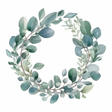 eucalyptus watercolor clipart in circle frame, wedding greenery, detailed images, hand draw, simple line outline, on a white background