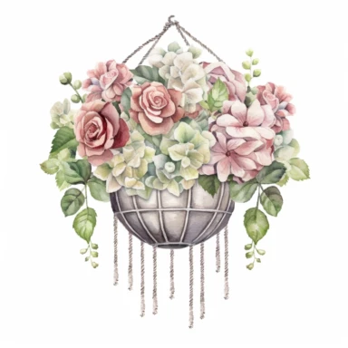 Design a dreamy watercolor clipart of a chinese-inspired Hanging basket overflowing with a Bouquet of roses, hydrangeas, and berries in muted and rustic tones arranged in a refined and elegant display composition, hand-painted with soft and graceful brushstrokes. Draw inspiration from the artistic finesse of Ethereal Petals Watercolors for a refined and ethereal depiction. isolated on a white background, hand-drawn illustration, hand-painted watercolor texture, 16k UHD resolution, intricately de