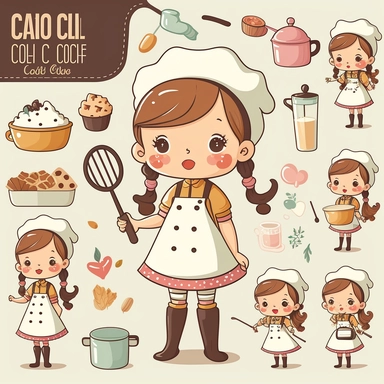 cute cook girl character clipart set
