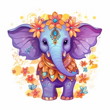 Illustration of enchanting whimsical adorable elephant. Clipart, fantasy background, colorful,