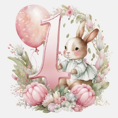 a beautiful watercolour 3d pink number 1 draped in beautiful flowers, a classic cute Beatrix potter pink rabbit, birthday party, holding pretty pink balloons, birthday cake, birthday themed, transparent background, Clipart style, solid white background, png style
