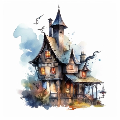 watercolor witch house, gothic vintage style witch house, super high quality, professional watercolor clipart, high resolution, clip art, animals on the sides cauldrons in the backyard, gargoyles, bats