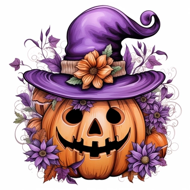 Spooky Cute halloween sublimation, Purple color Clipart, below are some flowers, and the head is cap, isolated on a white background,high quality design and Summons will be a pumkin