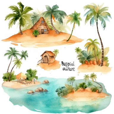 Tropical island beach clipart set isolated on white, watercolor, - - no photograph