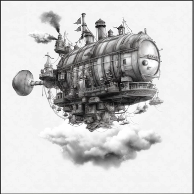 A steampunk airship floating gracefully amidst the clouds, gears and propellers in motion ,Steampunk, black and white color obly, black ink, transparent background png, clipart no captions