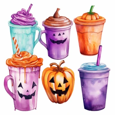 Watercolor cartoon different coffee beverages in different color cups lattes iced coffees with whipped cream halloween scary pumpkins cliparts isolated on a white background, colors purple, teal, orange, yellow high quality, extremely detailed