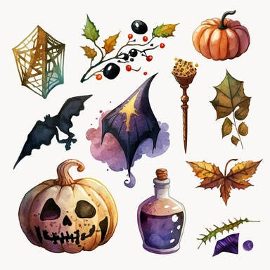 random halloween items. generate new ideas each time. some cartoonish design and some watercolor. and some of both. white background. no tags. CLIPART!!