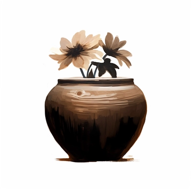 black Flower inside a brown wood Pot Clipart in the style of oil painting, clean lines on a white background