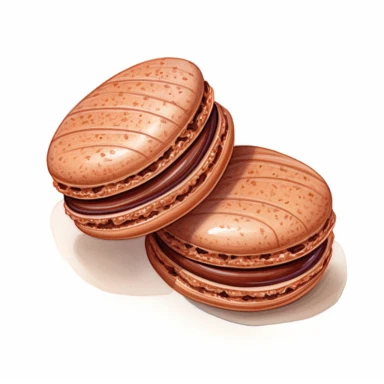 Vintage style aesthetic chocolate macarons with swirl cream inside clipart isolated on white background, spaced out, vibrant colors, 1960, in style of realistic watercolor illustrations, realistic drawing in storybook illustration, pencil drawing by Angela Barrett, Elsa Beskow, feminine sensibilities, ultrafine detailed