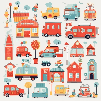 City, street, police, fire department, ambulance, cars flat vector clipart, nursery decor, small child, cute, children room deco