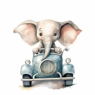 cute little happy elephant, driving a vintage car, handpaint, watercolor, disney style, dumbo style, clipart, high resolution,